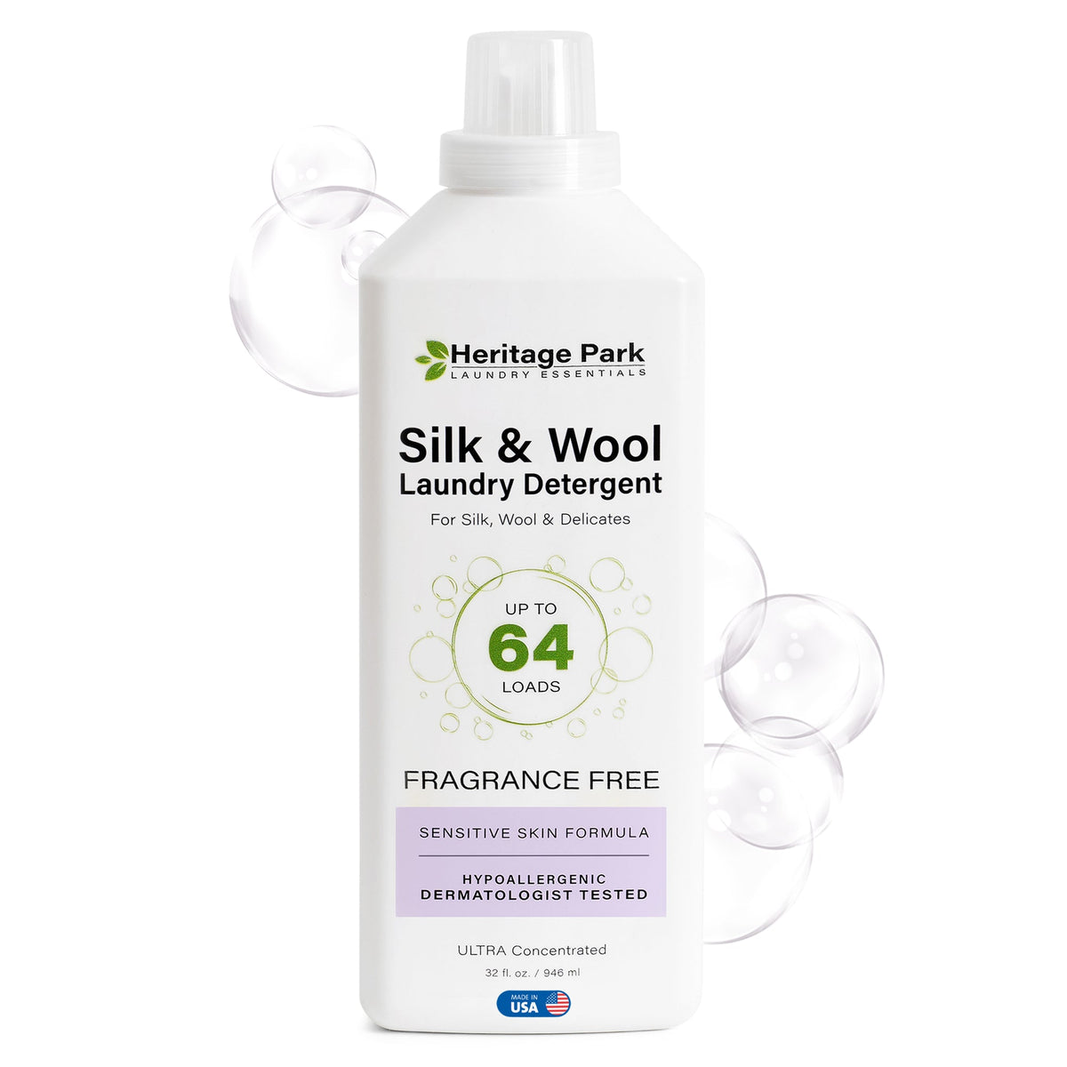 32oz bottle of Fragrance Free Heritage Park Luxury for Silk and Wool Laundry Detergent with bubbles in background