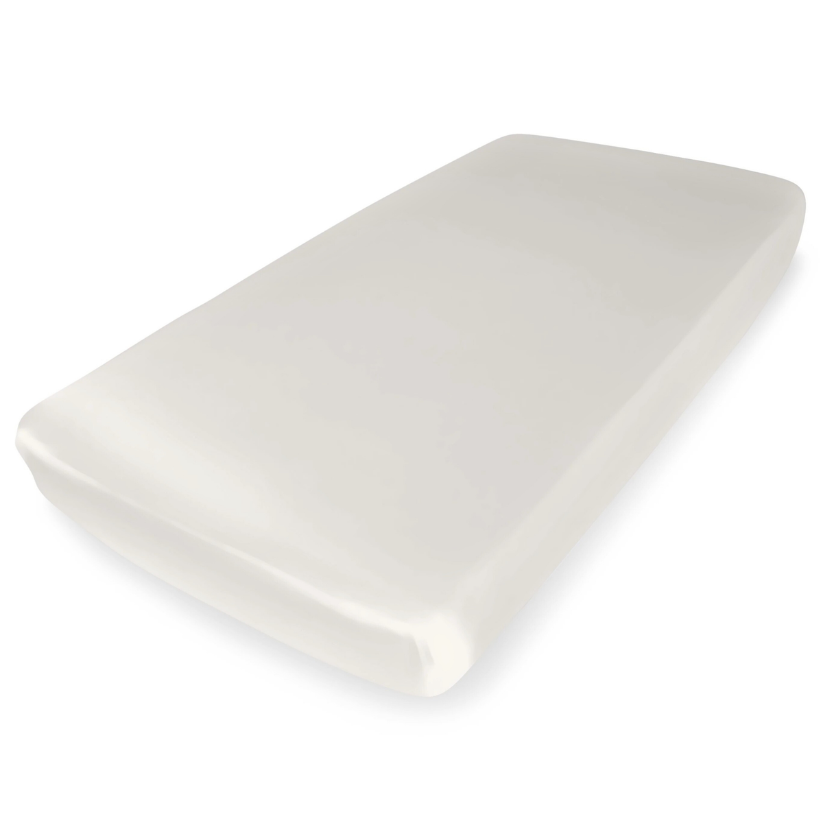 A plain white silk fitted sheet covering a rectangular mattress against a white background.