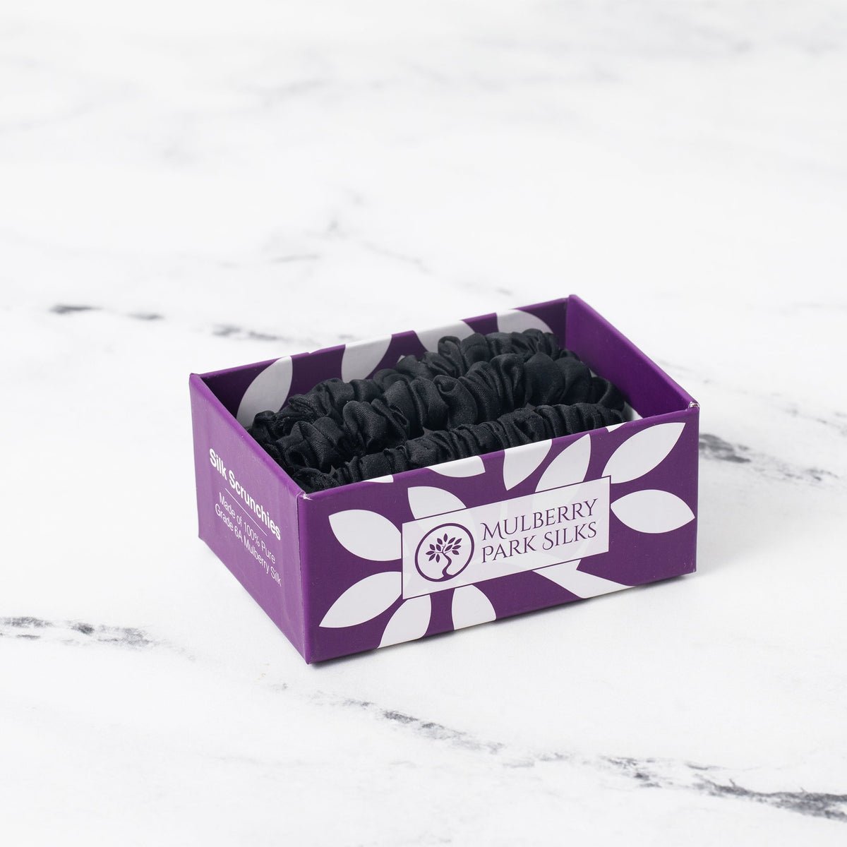  Mulberry Park Silks Silk Scrunchies - Midnight Black - Pure Mulberry Silk Skinny in Box on Marble