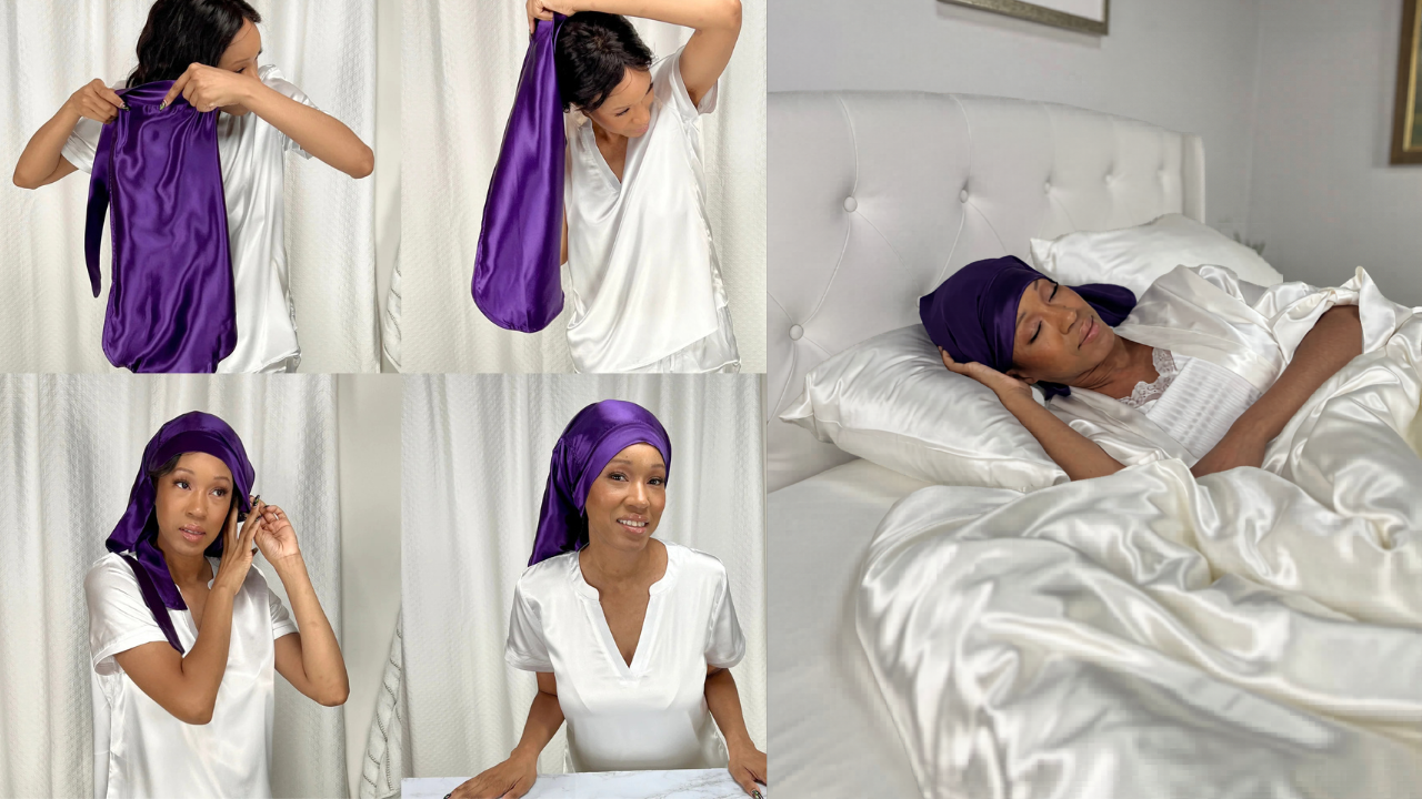 Model tries on long hair silk bonnet in plum