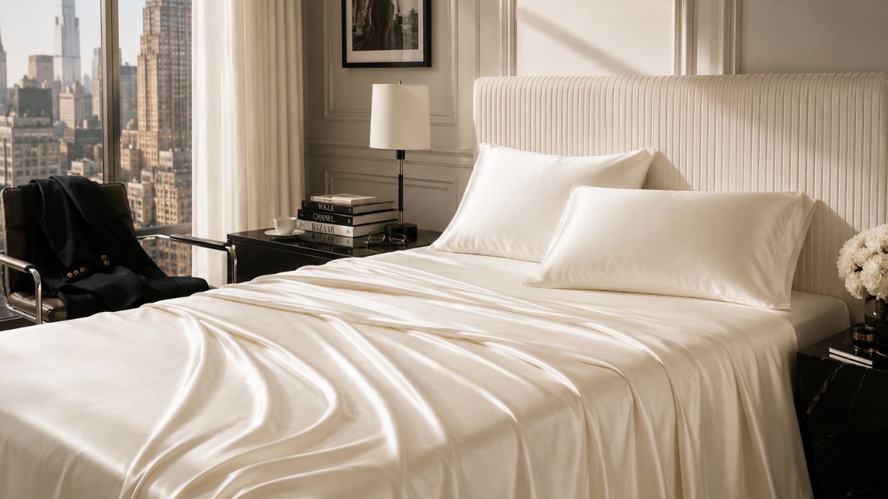 A beautiful 30 momme sheet set in a city penthousebedroom with 