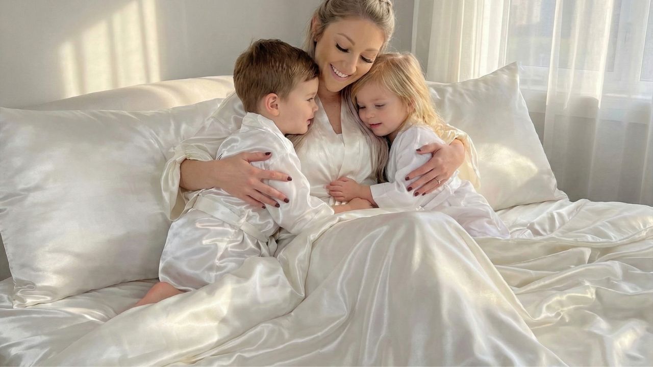 Mom and her young children relaxing in a silk bed