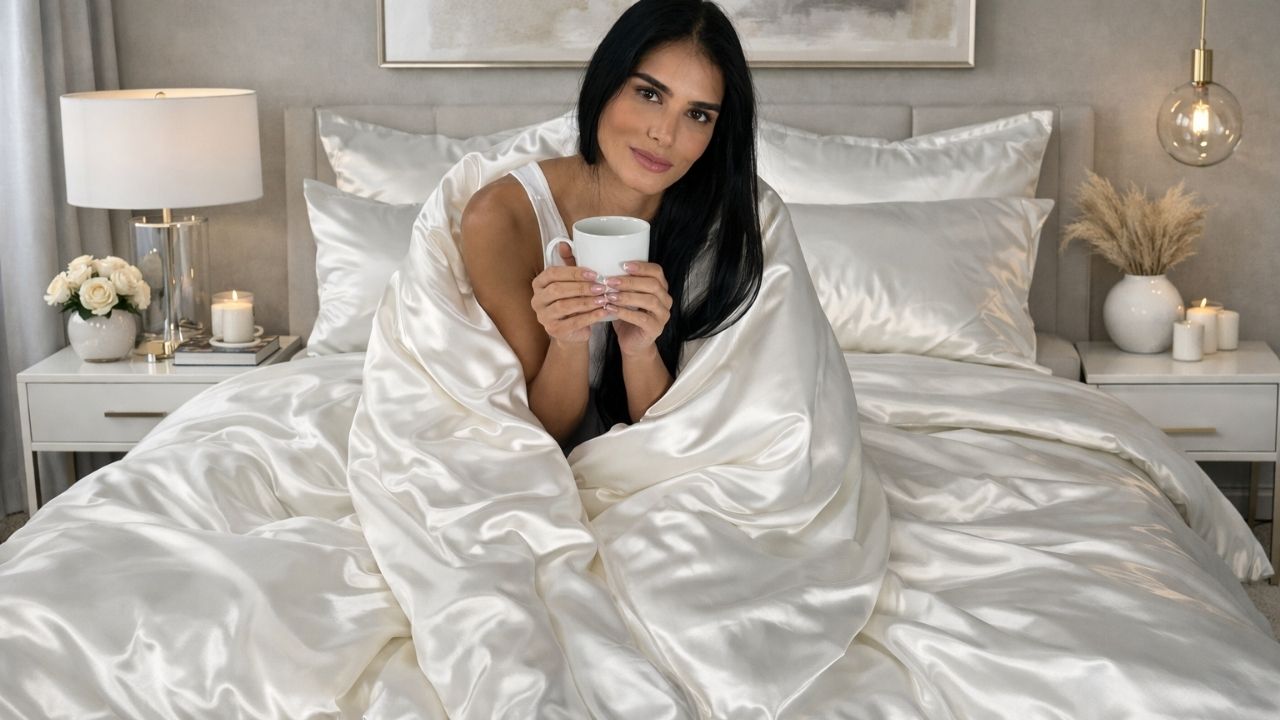 Model on Silk Duvet covered bed