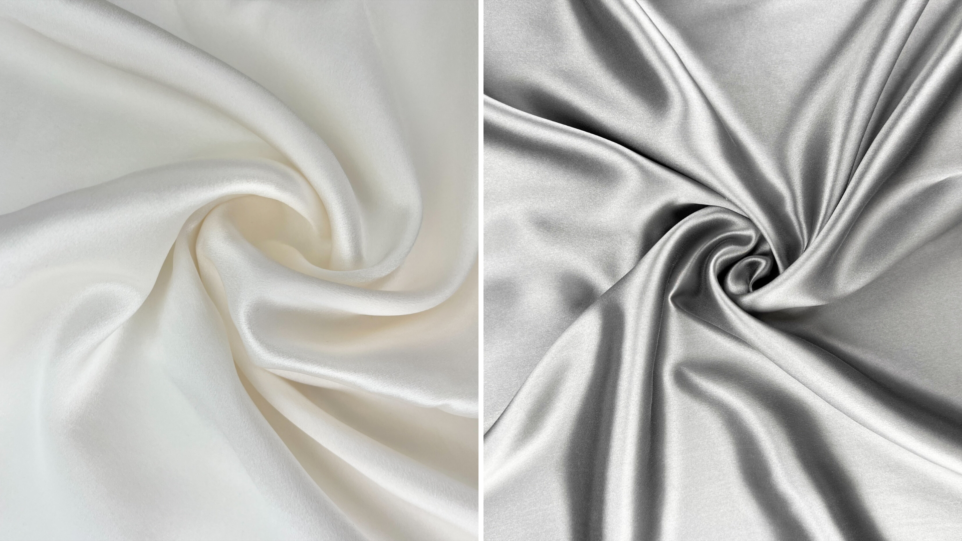 Luxurious satin fabric in white and silver, showcasing its smooth texture and elegant drape in a close-up shot.