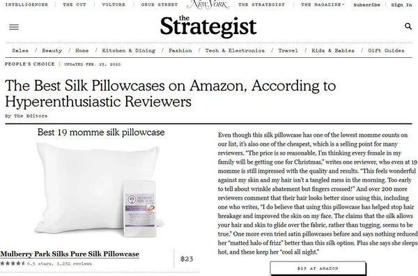 The Strategist, Commerce Brand of New York Magazine, Names Mulberry Park Silks 19 Momme  Pillowcase to "People’s Choice" Best List