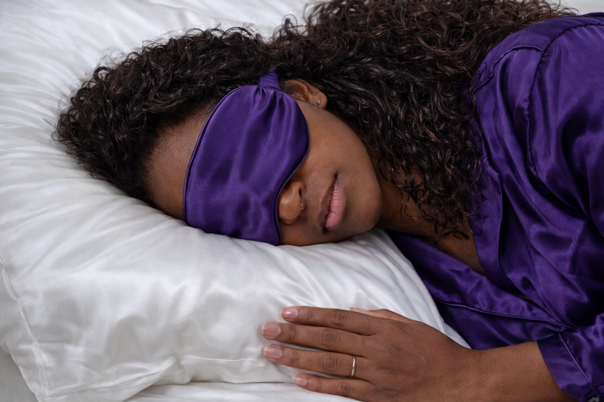A person wearing a purple sleep mask and matching satin sleepwear lies on a white pillow with eyes closed, resting on their side with one hand visible on the pillow.