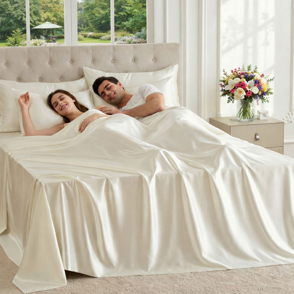 A couple lies in bed under ivory satin sheets in a bright bedroom with a tufted headboard, a nightstand with a flower arrangement, and large windows showing greenery outside.