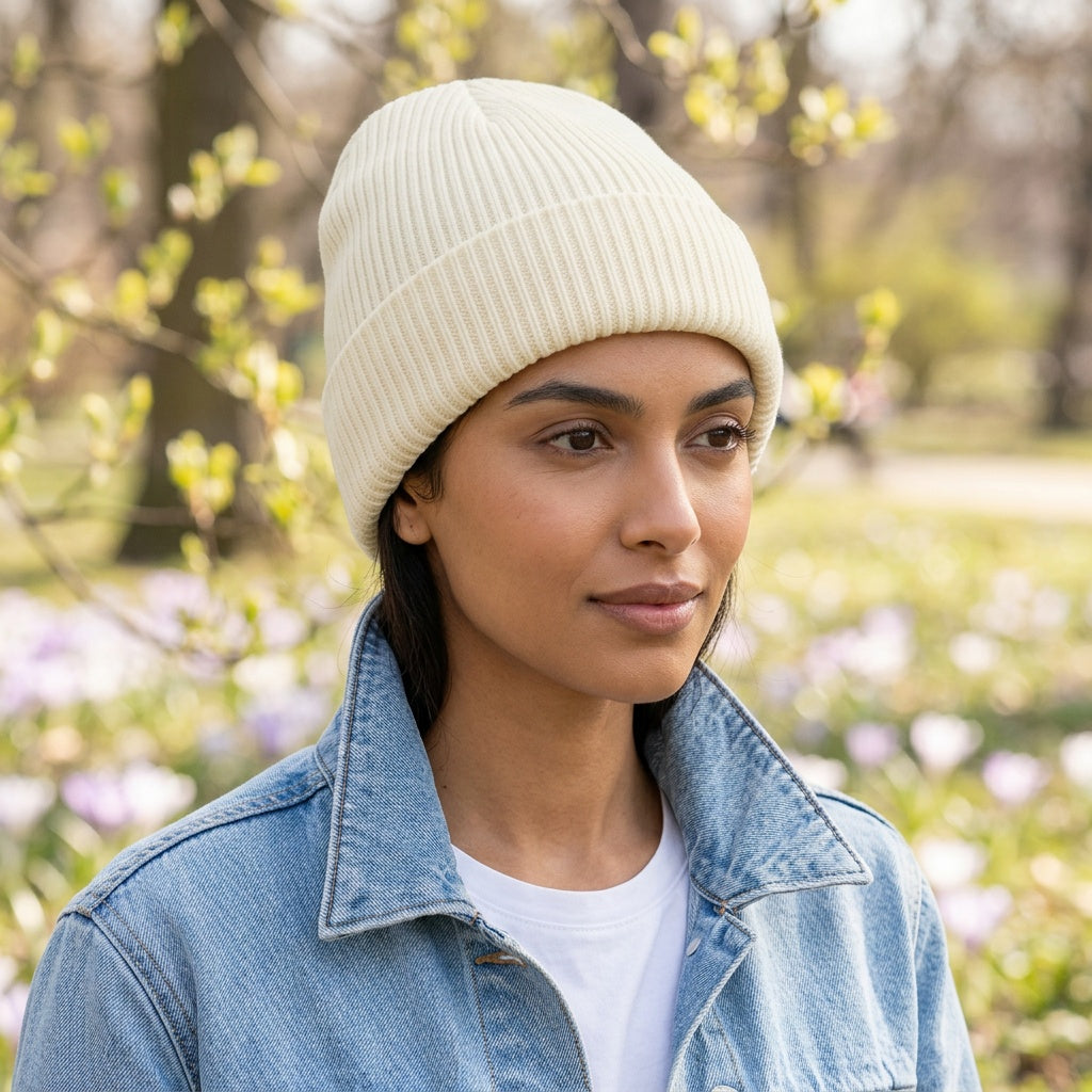 A person wearing a cream-colored knit beanie, light denim jacket, and white shirt stands outdoors in a park with blooming trees and flowers in the background.