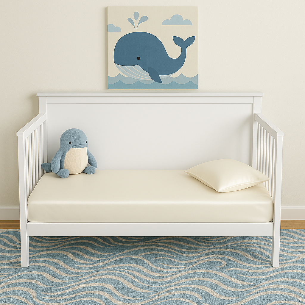 A white crib with a beige mattress and pillow, and a blue stuffed whale toy sits in the corner. A whale illustration hangs on the wall above, and a blue rug with wave patterns covers the floor.