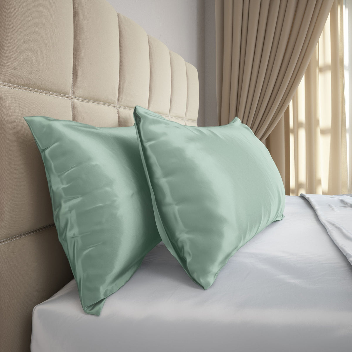 Mulberry Park Silks 19 Momme Pillowcase Green Bed- Side