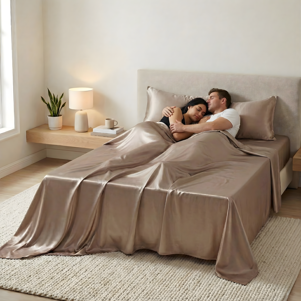 A couple lies in bed together under a shiny taupe Mulberry silk sheet set in a modern, softly lit bedroom.