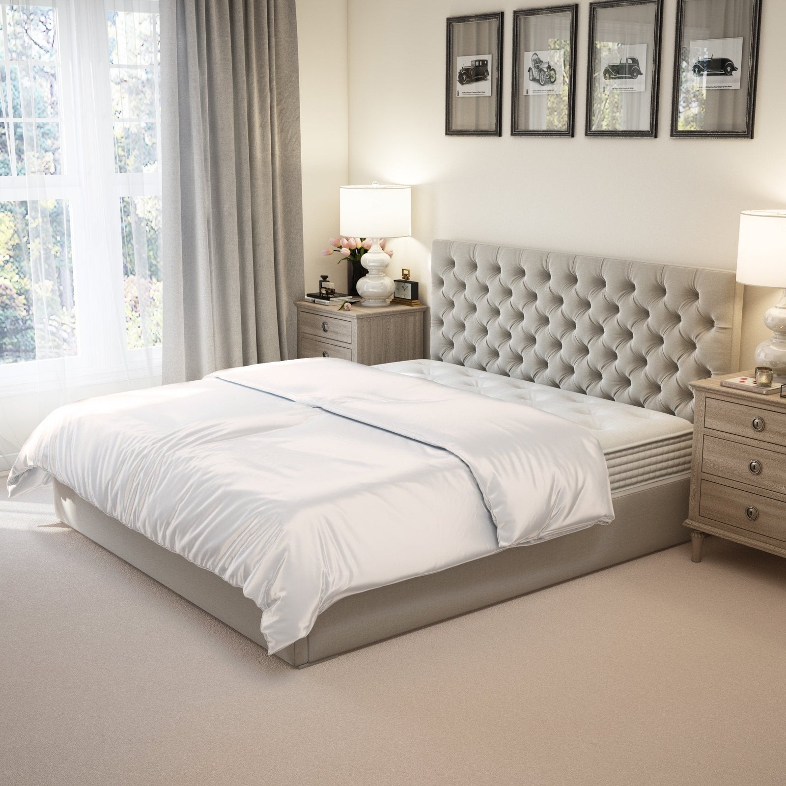 Elegant 22 Momme Silk Duvet Cover in a ivory color displayed on an empty bed with comforter