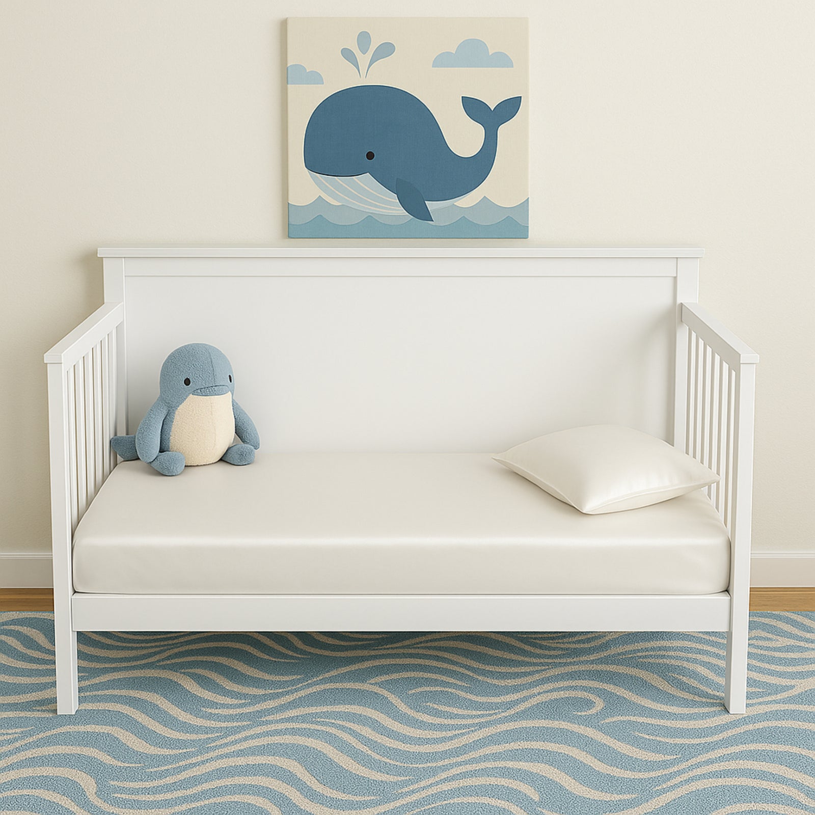 White toddler bed with a silk baby crib sheet, pillow, blue whale plush, under a whale painting on a wave-patterned rug.