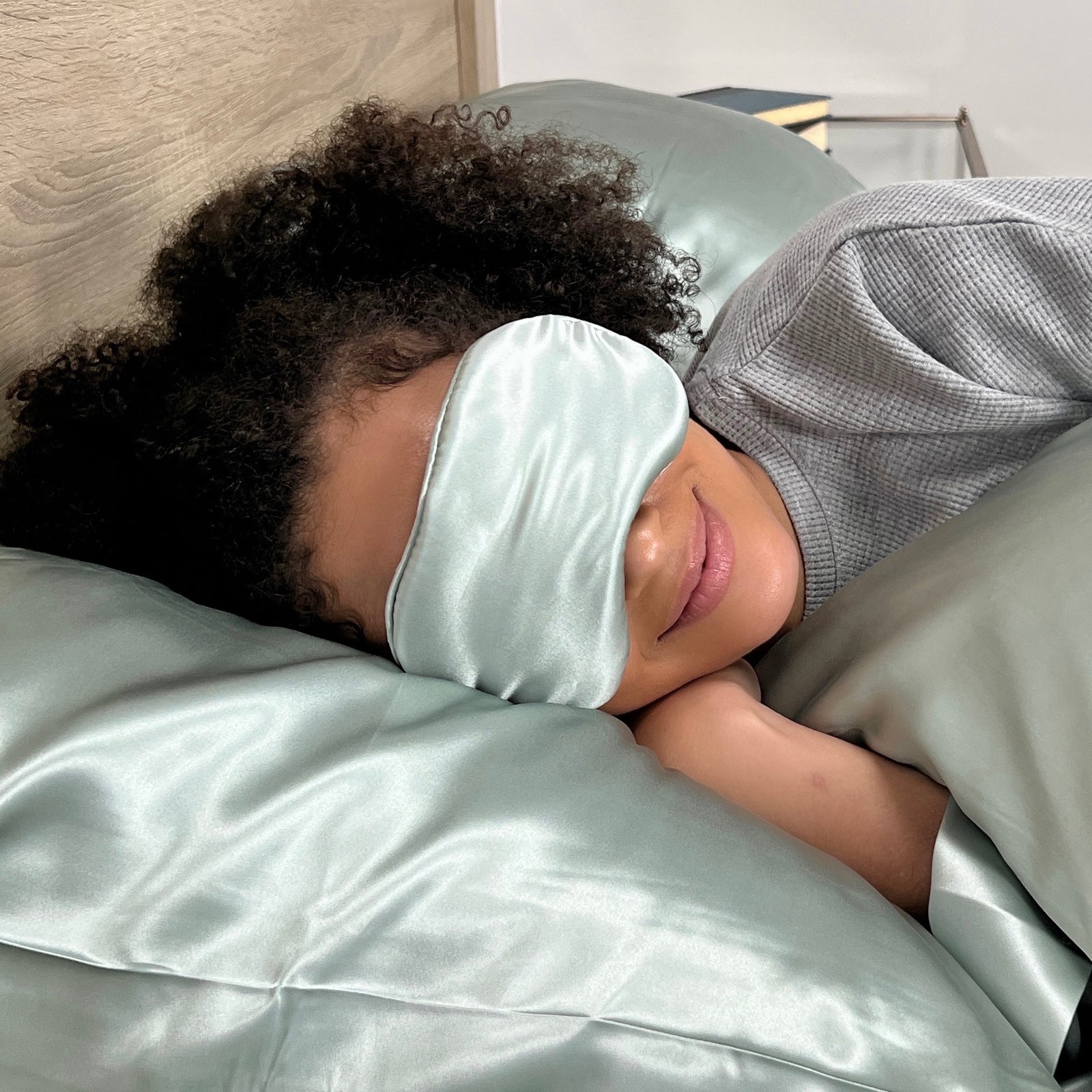 Mulberry park silks 22 momme silk sleep mask in Sage with adjustable strap for comfortable sleep 