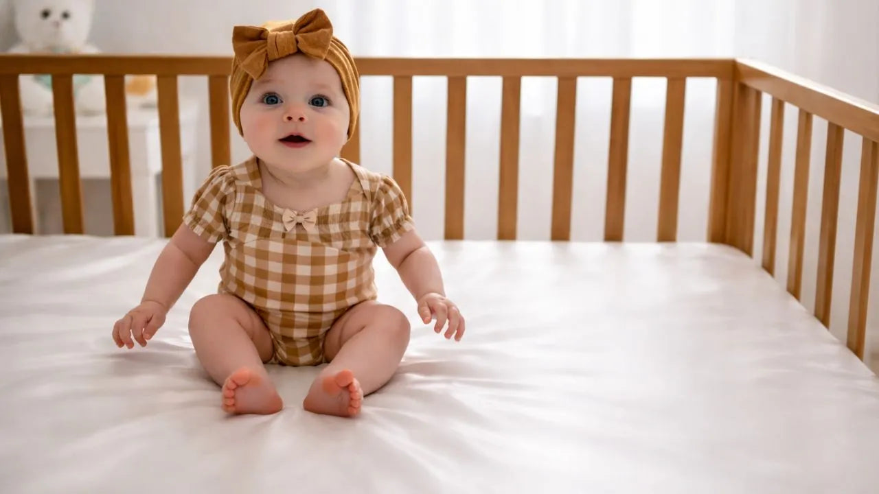 Baby sitting in a crib wearing a checkered outfit and bow headband.