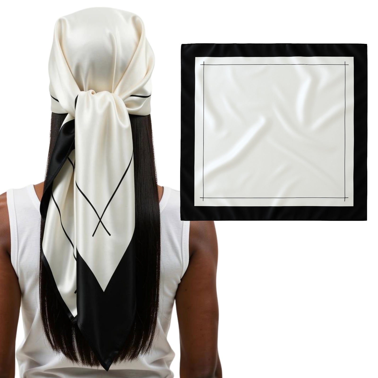 A person wears a black and white mulberry silk bandana; scarf is also shown flat with a printed border and thin lines.