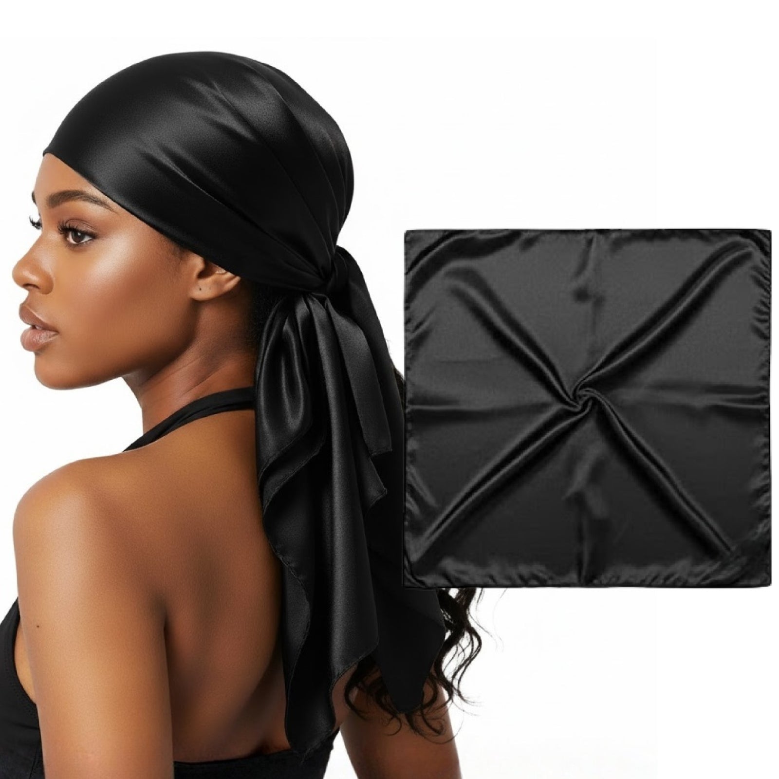 A woman in a shiny black satin hair wrap, beside a flat mulberry silk scarf displayed on a white background.