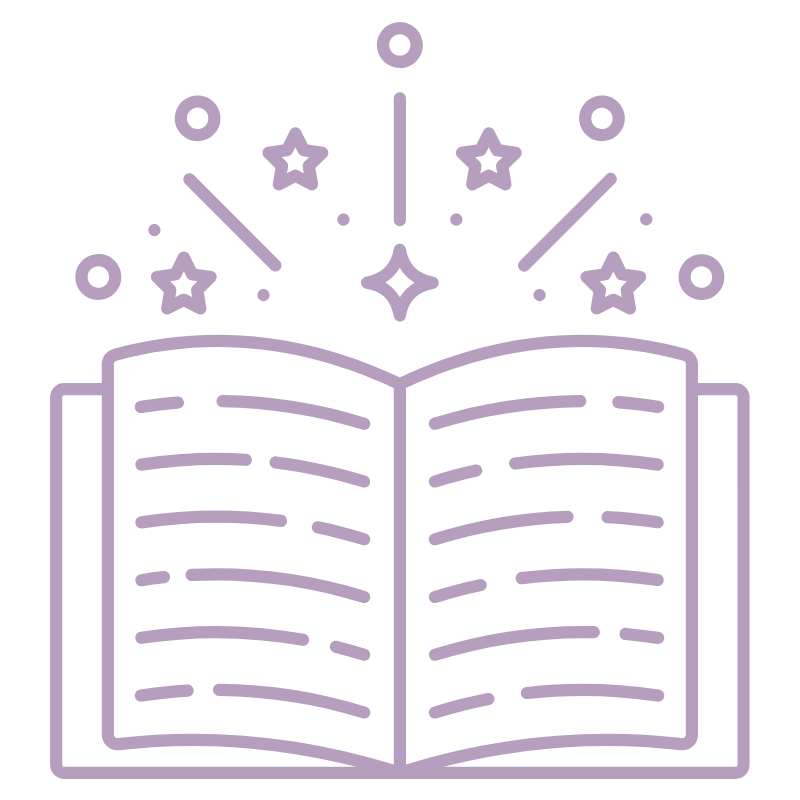 Line drawing of an open book with silk-like lines on its pages and stars and sparkles rising above it.