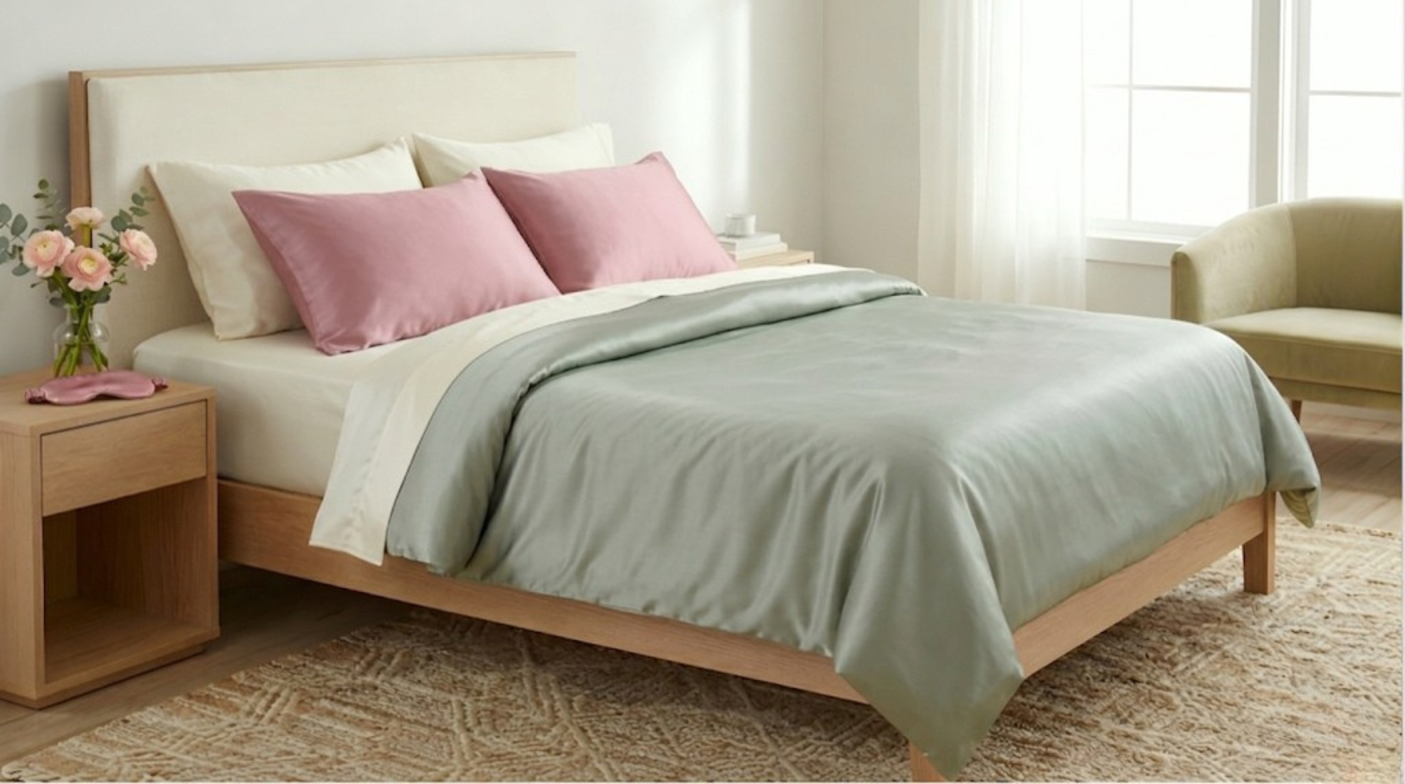 A bed made with ivory, pink, and green silk in a brightly lit bedroom