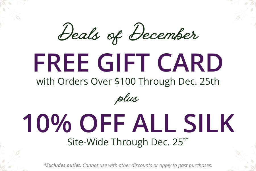 Promotional text for free gift card and discount on silk through December 25th on a white background.