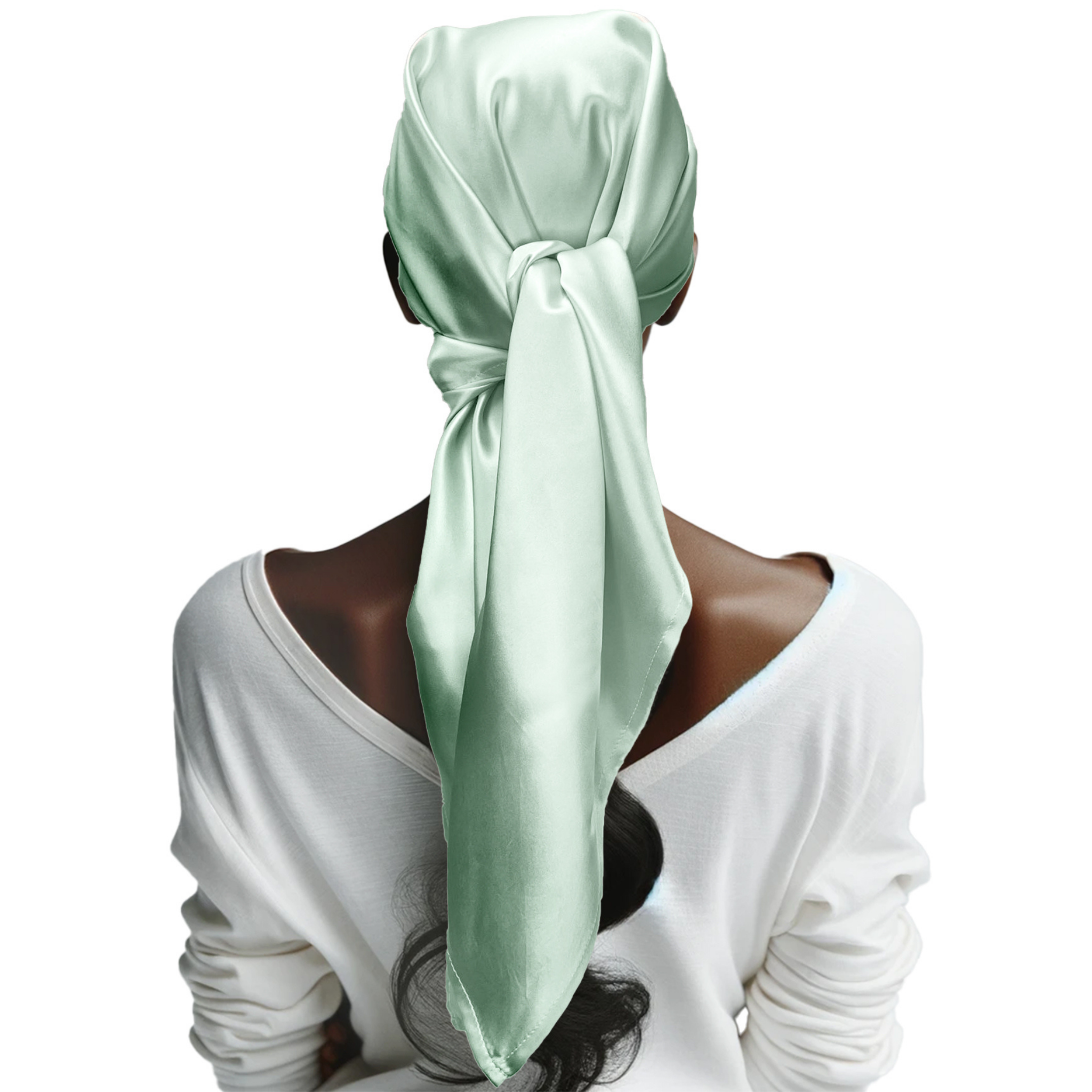 Person wearing a light green silk headscarf and a white shirt, shown from the back against a plain background.
#color_green