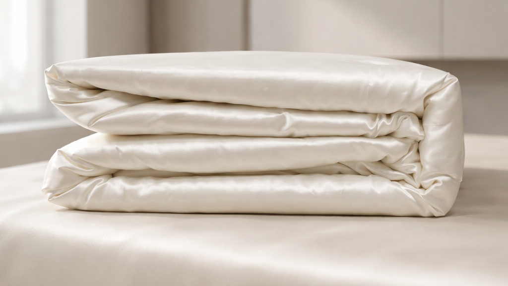 Folded white silk comforter on a bed with a neutral background