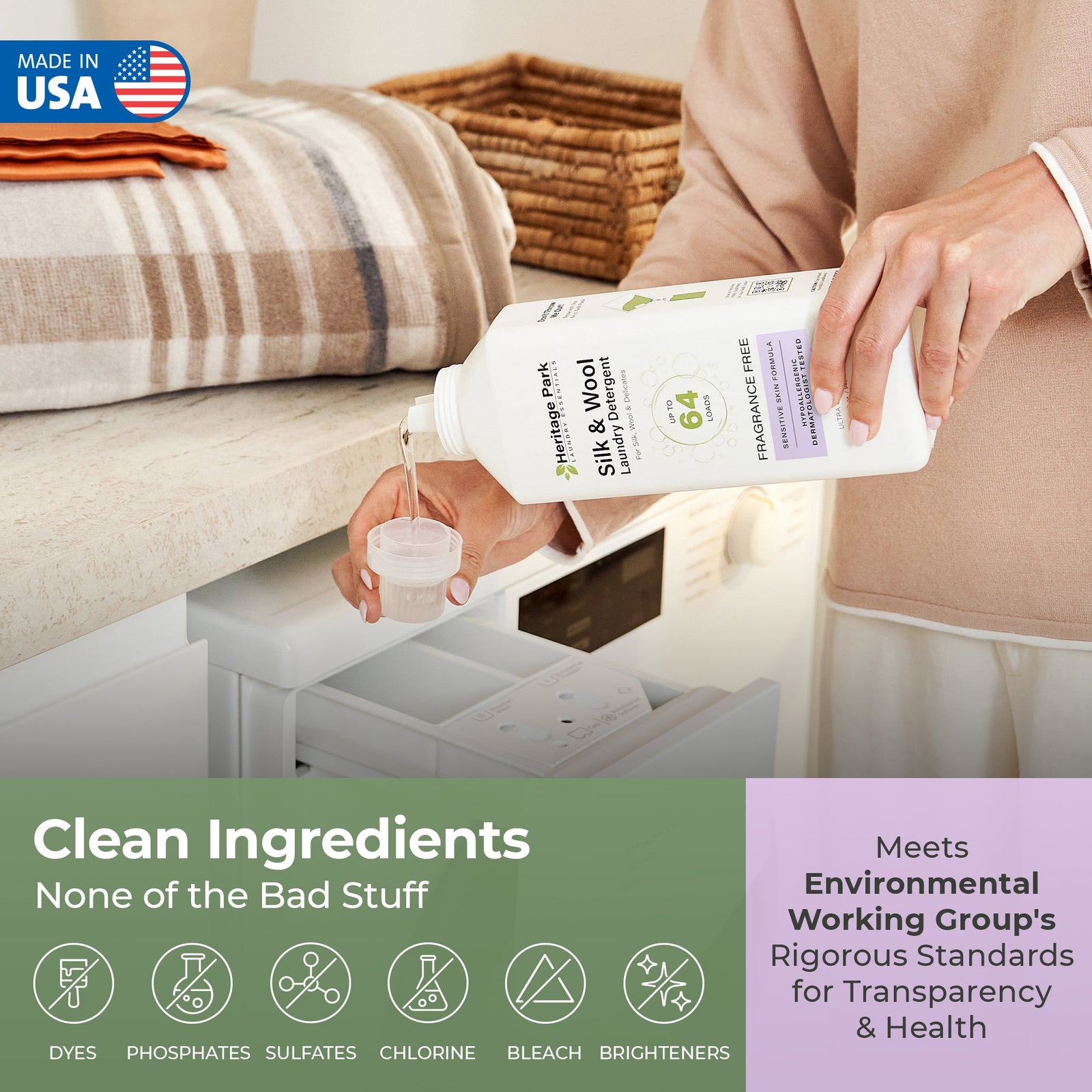 Bottle Sizes and Refill Pack of Fragrance Free Heritage Park Luxury Silk and Wool Laundry Detergent