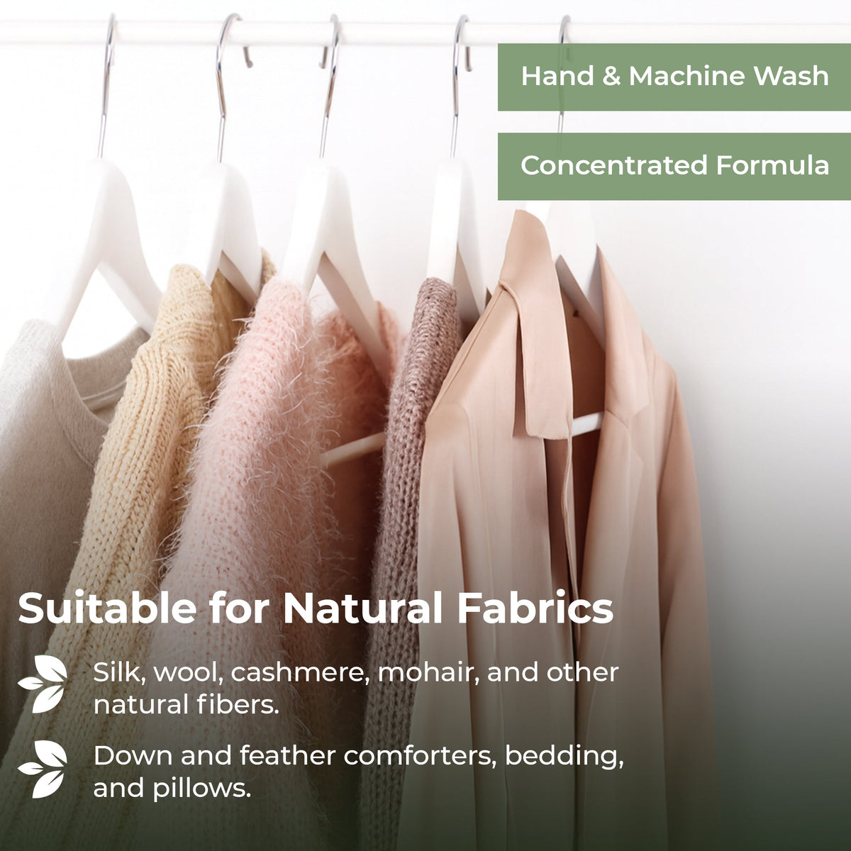 Text about washing instructions and fabric compatibility with a background of hanging clothes.