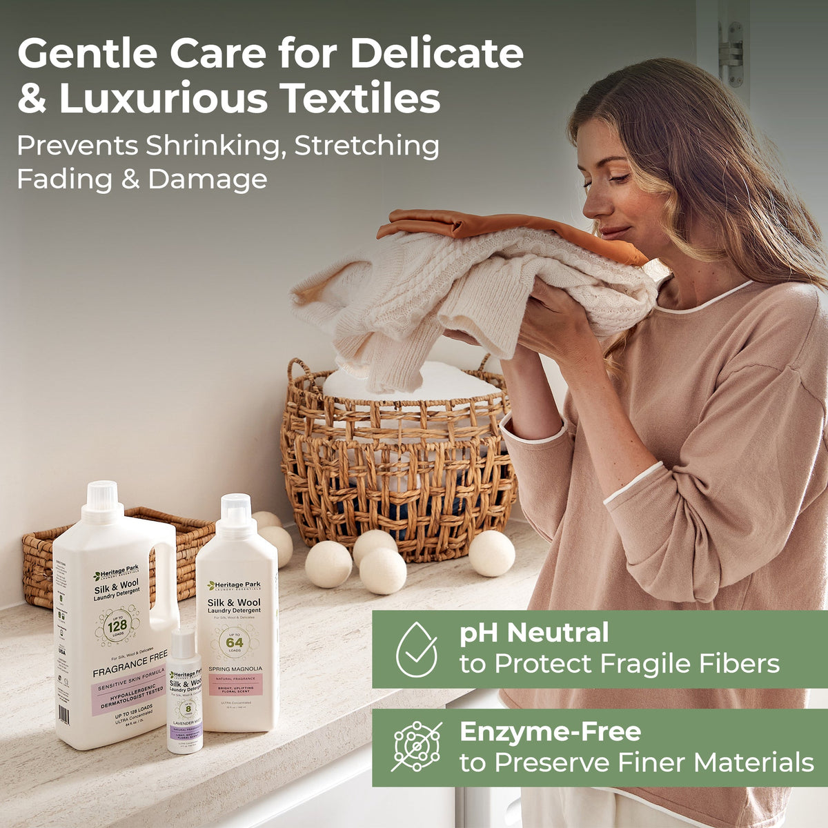 Woman holding clothing with Heritage Park Silk Wool Lavender Mist detergent bottles and text highlighting product benefits.