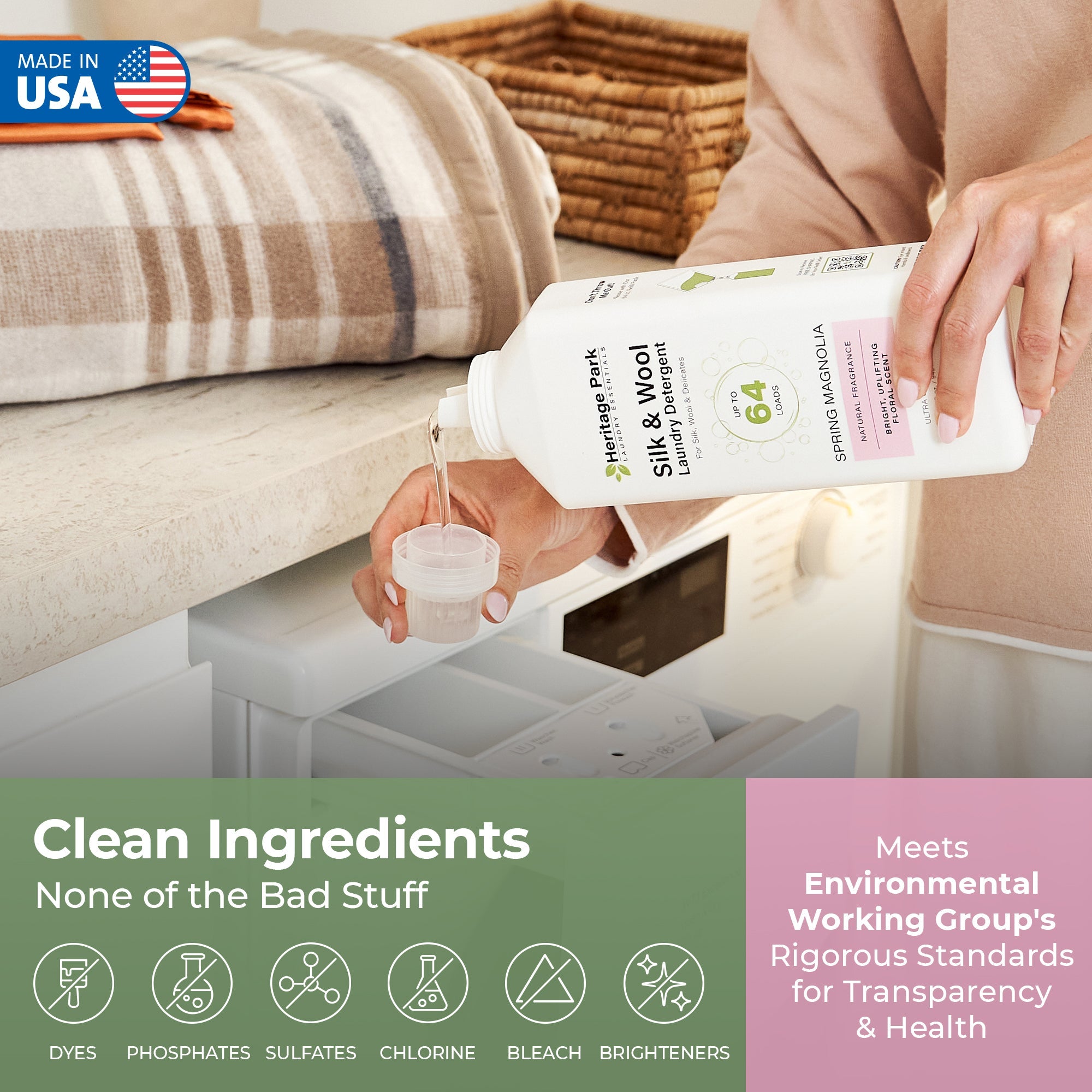 Bottle Sizes and Refill Pack of Heritage Park Luxury Silk and Wool Laundry Detergent with Spring Magnolia Scent