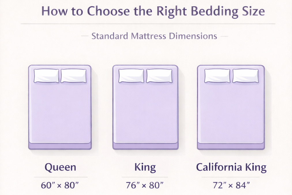 Diagram showing standard mattress dimensions for Queen, King, and California King sizes.