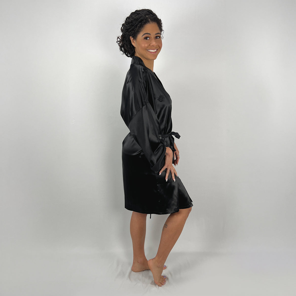 black satin robe dress Chic Black Silk Long Dressing Gown, Wide Belt Night Robe Erminel
