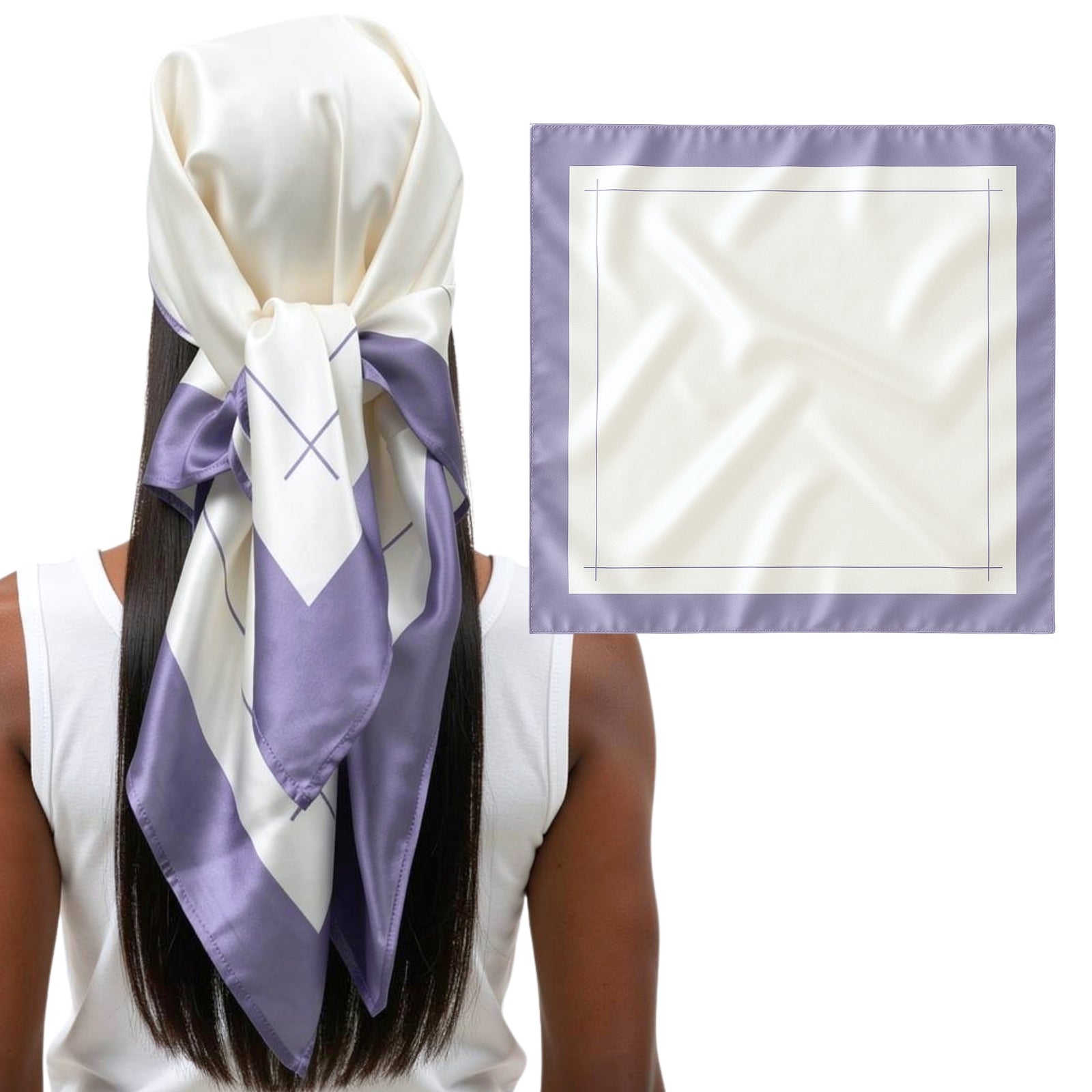 A person with long dark hair wears a cream and lavender mulberry silk bandana; the scarf is also shown laid flat.