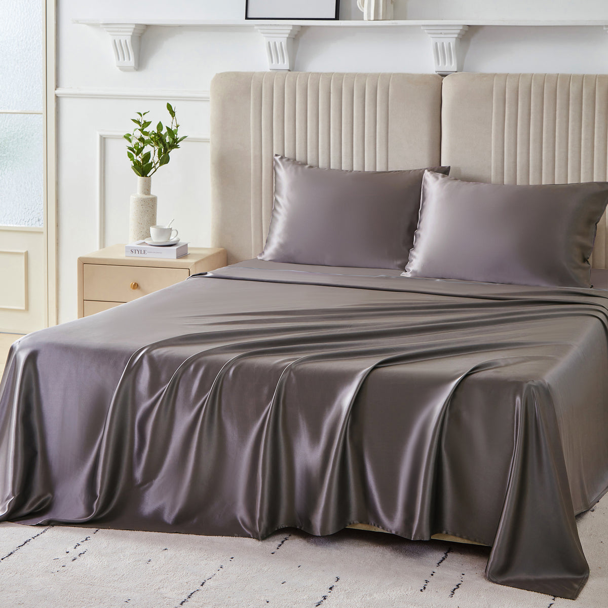 Elegant silk sheet set with matching pillowcases, ultra-soft and smooth for a luxurious sleep