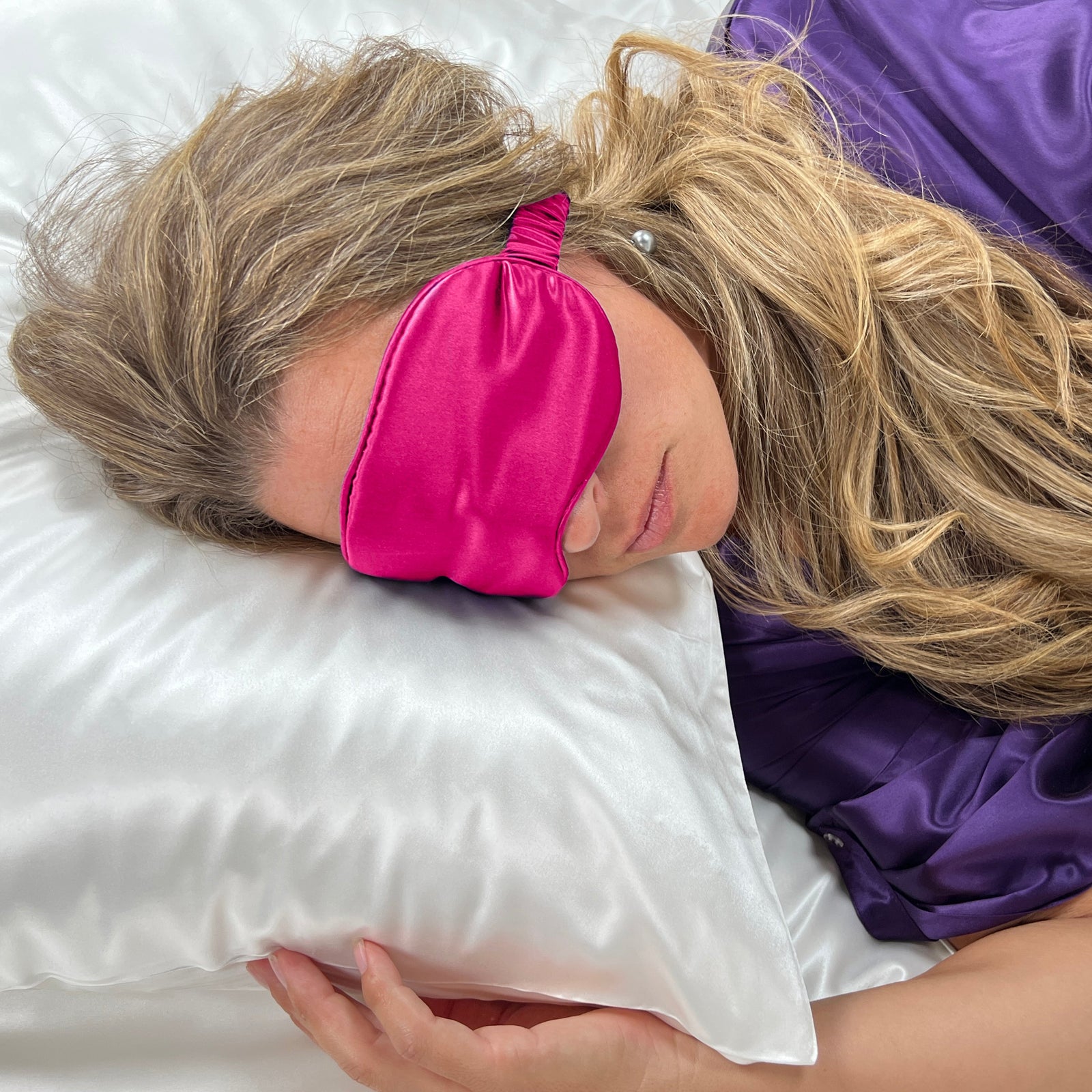 Mulberry park silks 19 momme silk sleep mask in Magenta with adjustable strap for comfortable sleep 