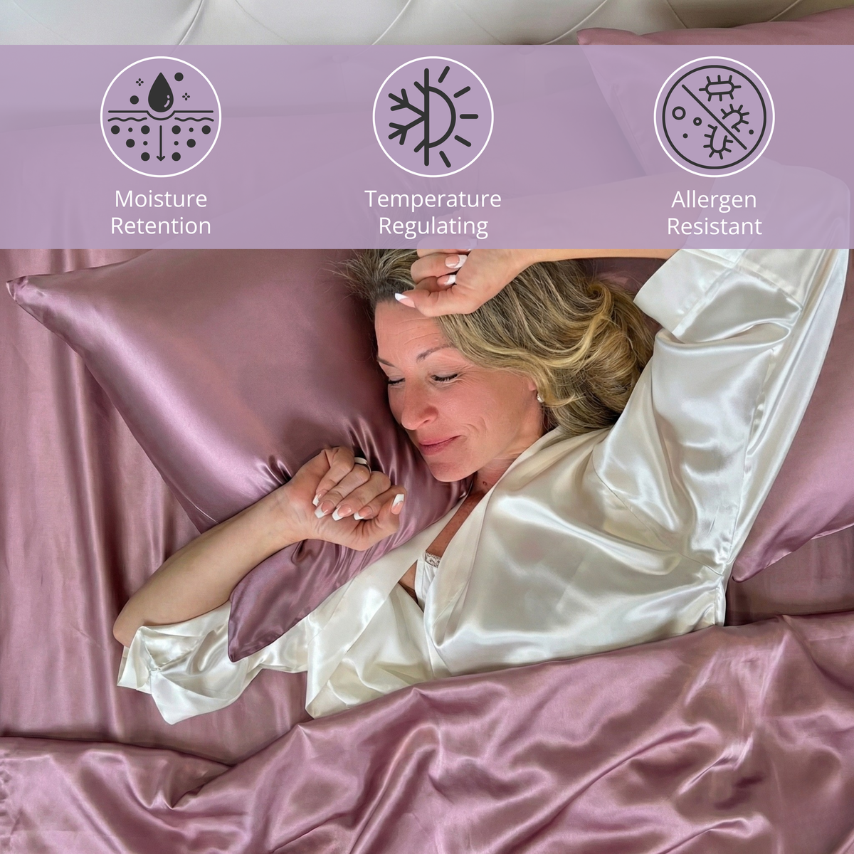Woman in a white robe on mauve mulberry silk sheets, under icons for moisture, temperature, and hair and skin care control.
