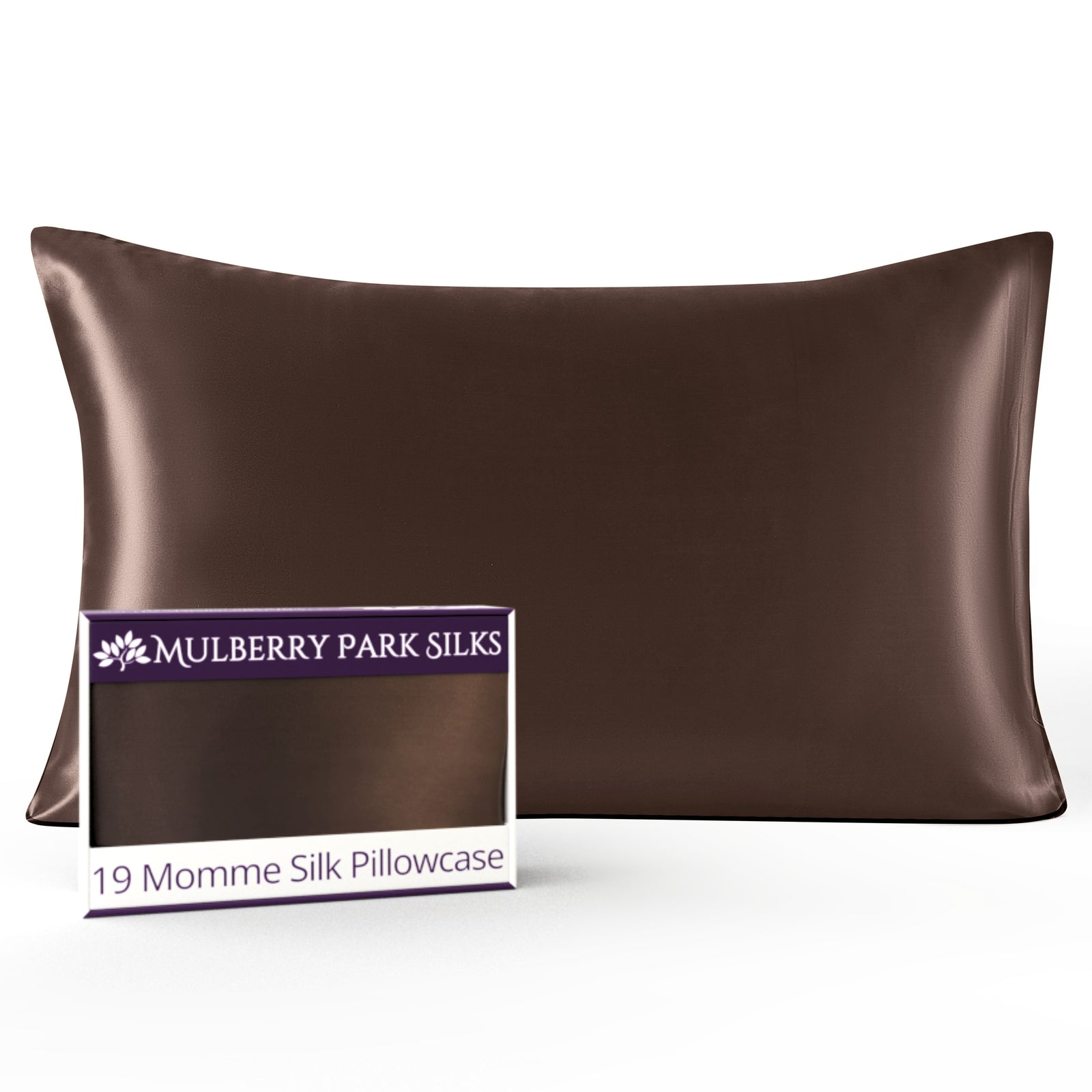 A brown silk pillowcase with the packaging box in front, on a white background