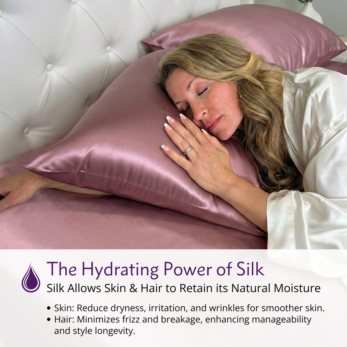A woman in a white robe rests on a mulberry silk pillowcase, eyes closed, highlighting its hair and skin care benefits.