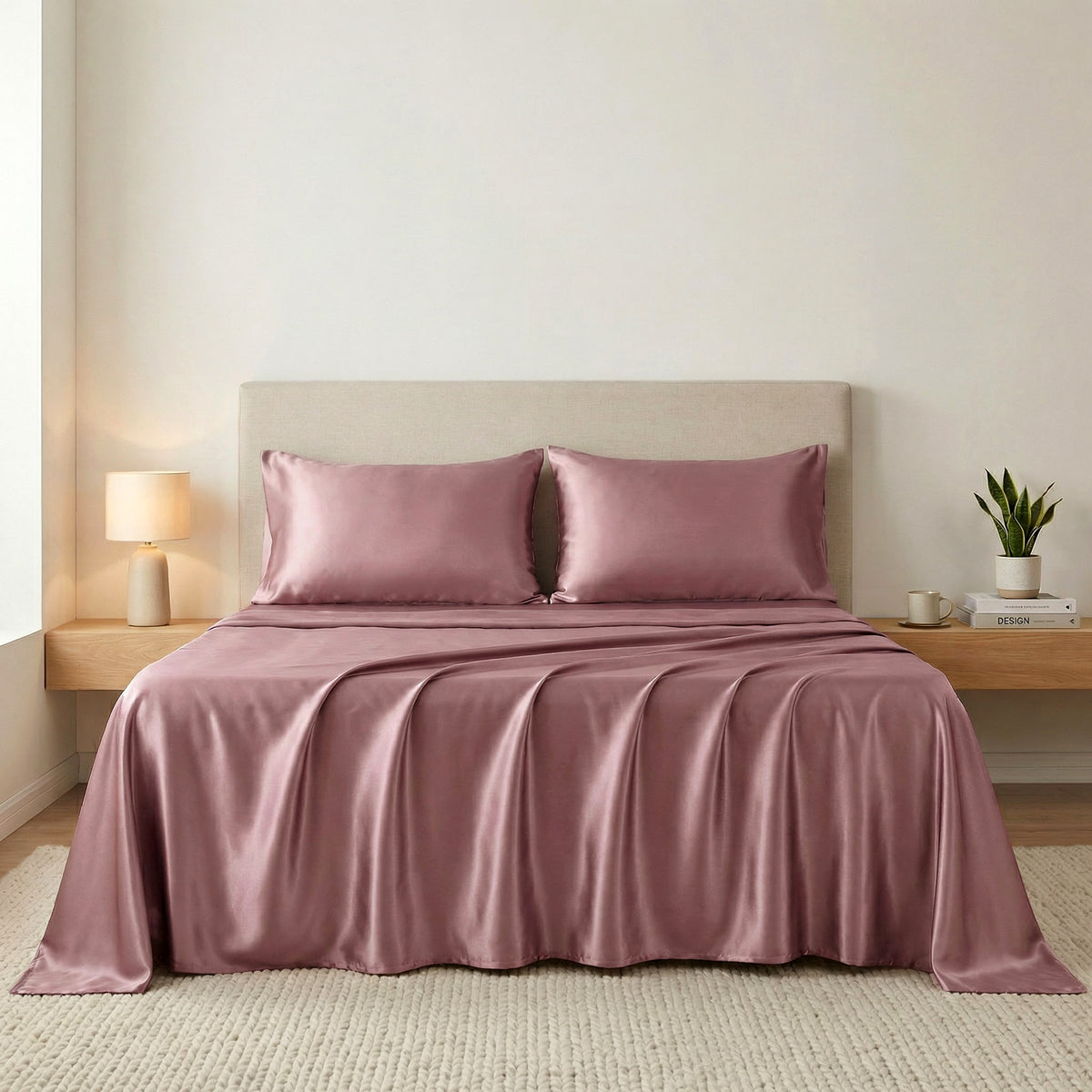 A neatly made bed with 22 momme silk sheets, flanked by nightstands with a lamp and a plant.