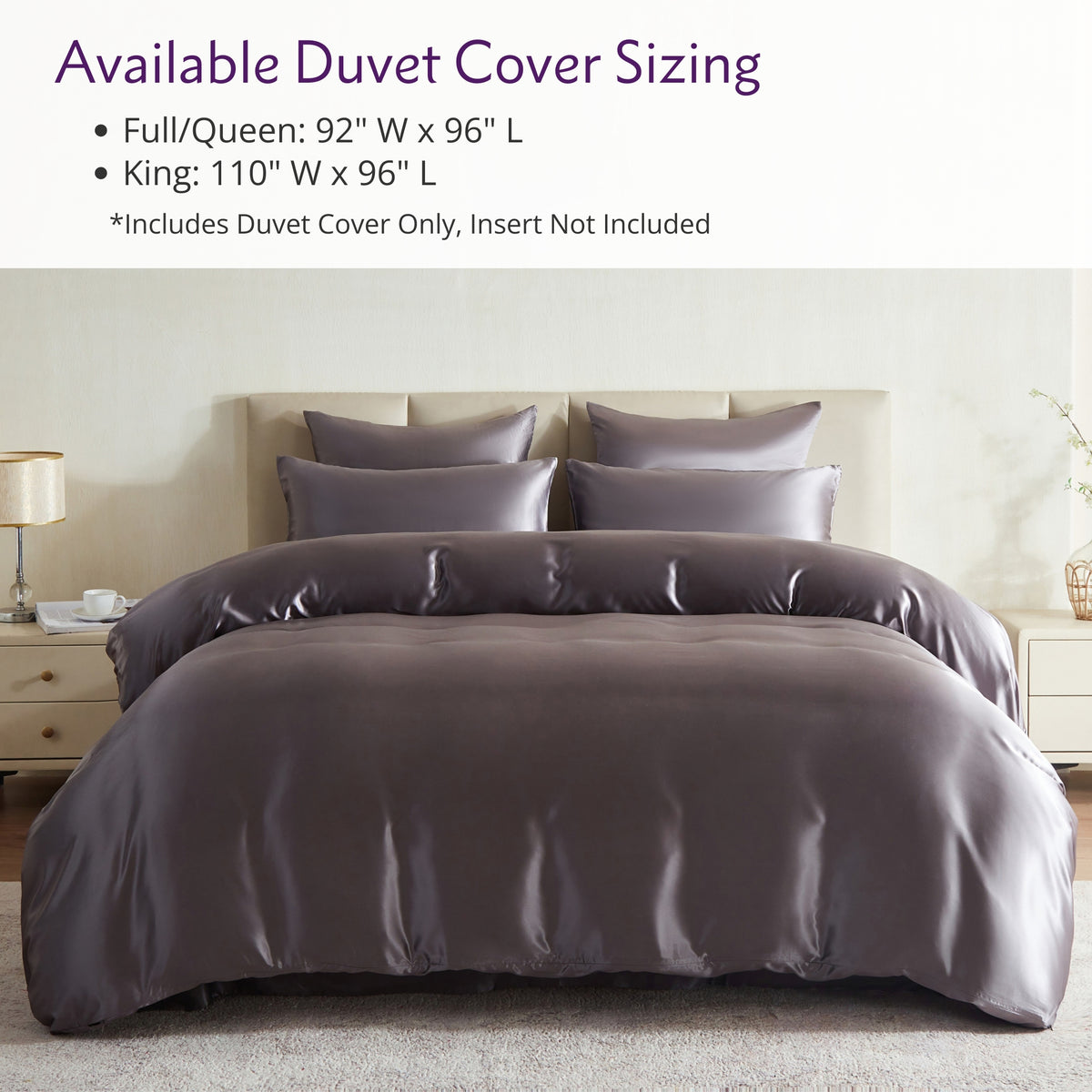 Gray duvet cover set on a bed with sizing information displayed above.