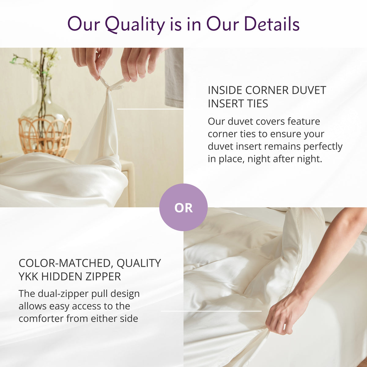 Hands demonstrate duvet features: silk corner insert ties and a color-matched YKK hidden zipper for easy comforter access.