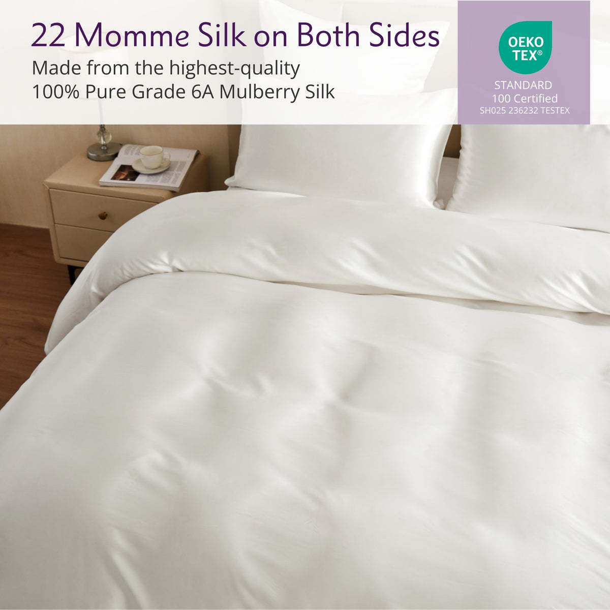 Mulberry Park Silks OUTLET 22 Momme Silk Duvet Cover in White/Ivory on a bed, showcasing luxurious 100% pure Grade 6A Mulberry silk bedding with OEKO-TEX certification.