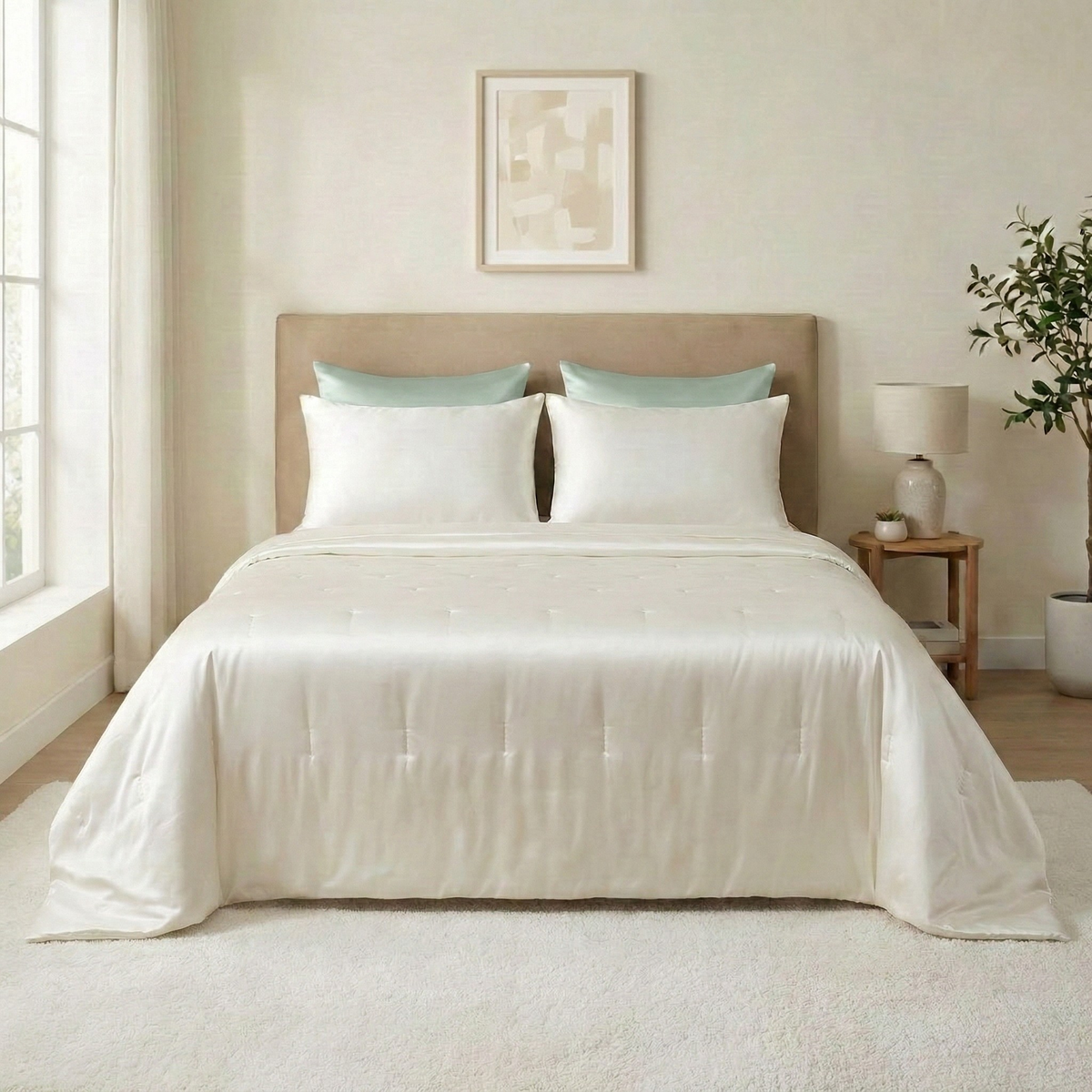 A neatly made bed with white charmeuse silk bedding, two pillows, a bedside table with a lamp, and artwork above the headboard.