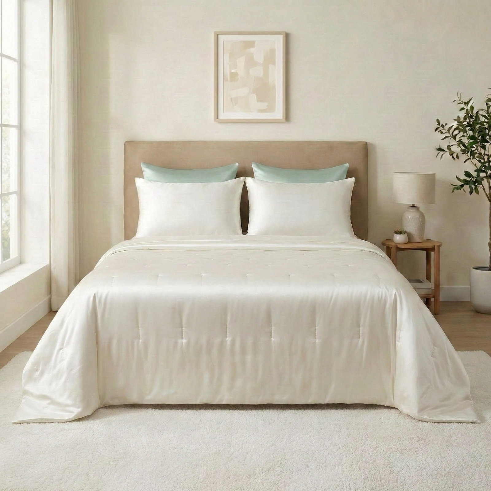 A neatly made bed with white charmeuse silk bedding, two pillows, a bedside table with a lamp, and artwork above the headboard.