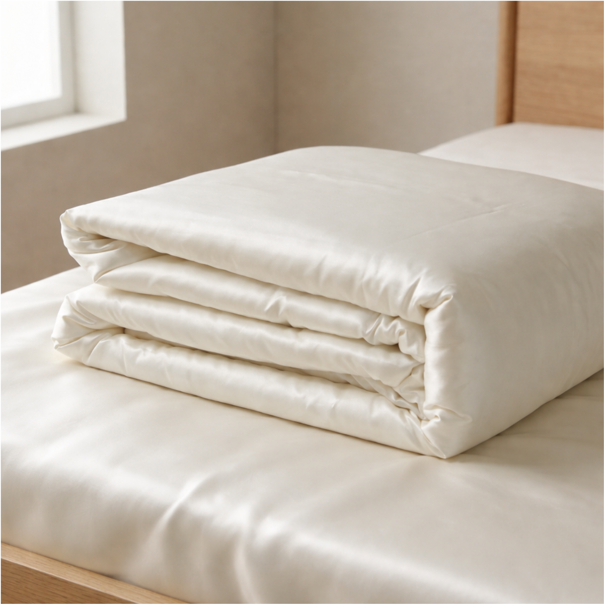 A neatly folded, cream-colored charmeuse silk comforter sits on a matching satin sheet on a wooden bed.