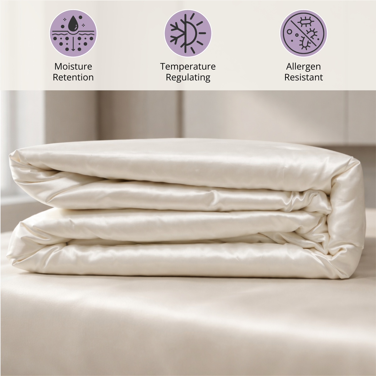 Folded cream-colored charmeuse silk bedding on a bed, with icons for moisture retention, temperature regulation, and allergen resistance.
