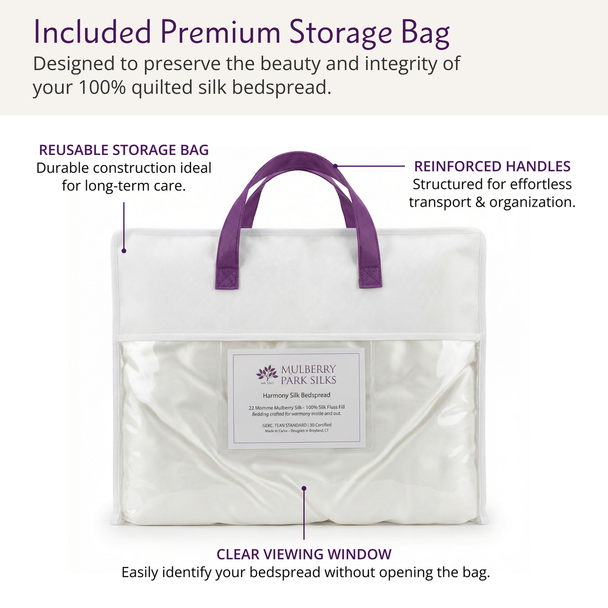 White and purple storage bag with handles, clear window, and label for Mulberry silk bedspread; text highlights its features.