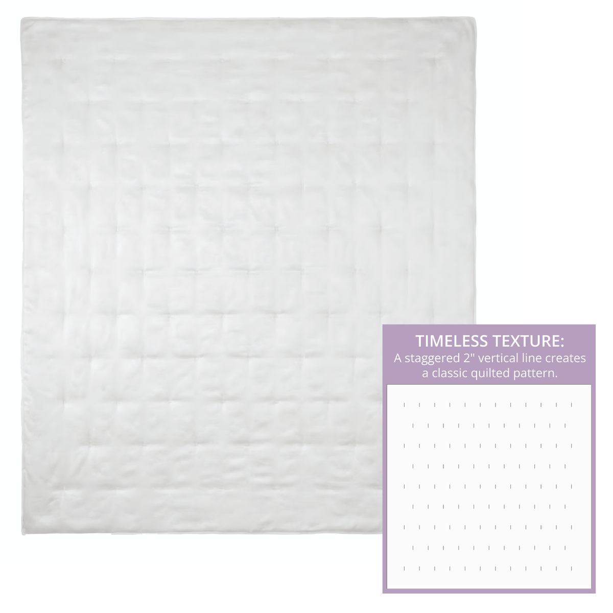 A white mulberry silk quilt with a grid pattern; inset shows staggered lines creating the quilted texture.