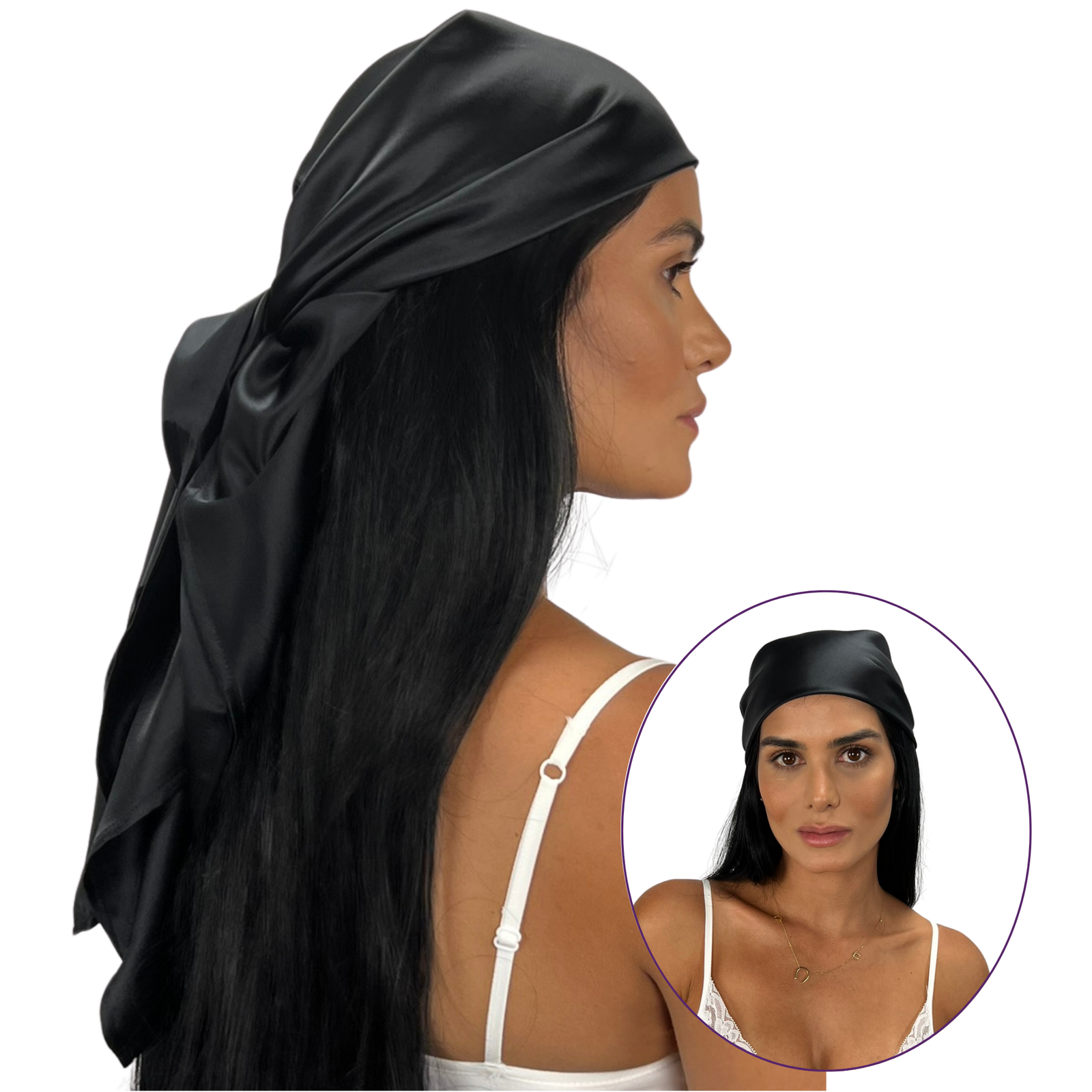 Model wearing Mulberry Park Silks' Silk Square Head Scarf - Black, showcasing side and front views, highlighting its smooth, glossy finish and versatile styling.