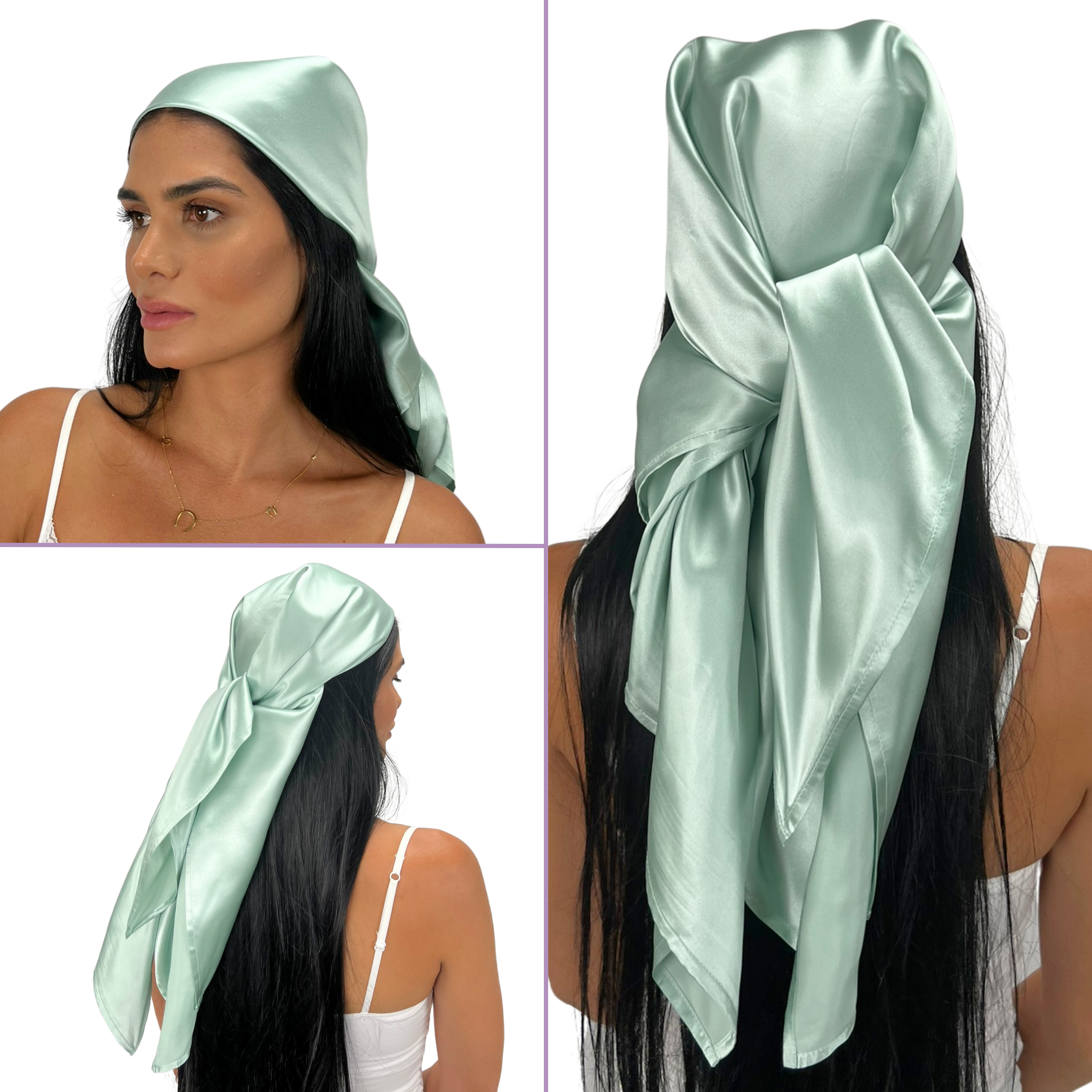 Woman wearing a light green silk headscarf; shown from front, side, and back angles against a white background.
#color_green